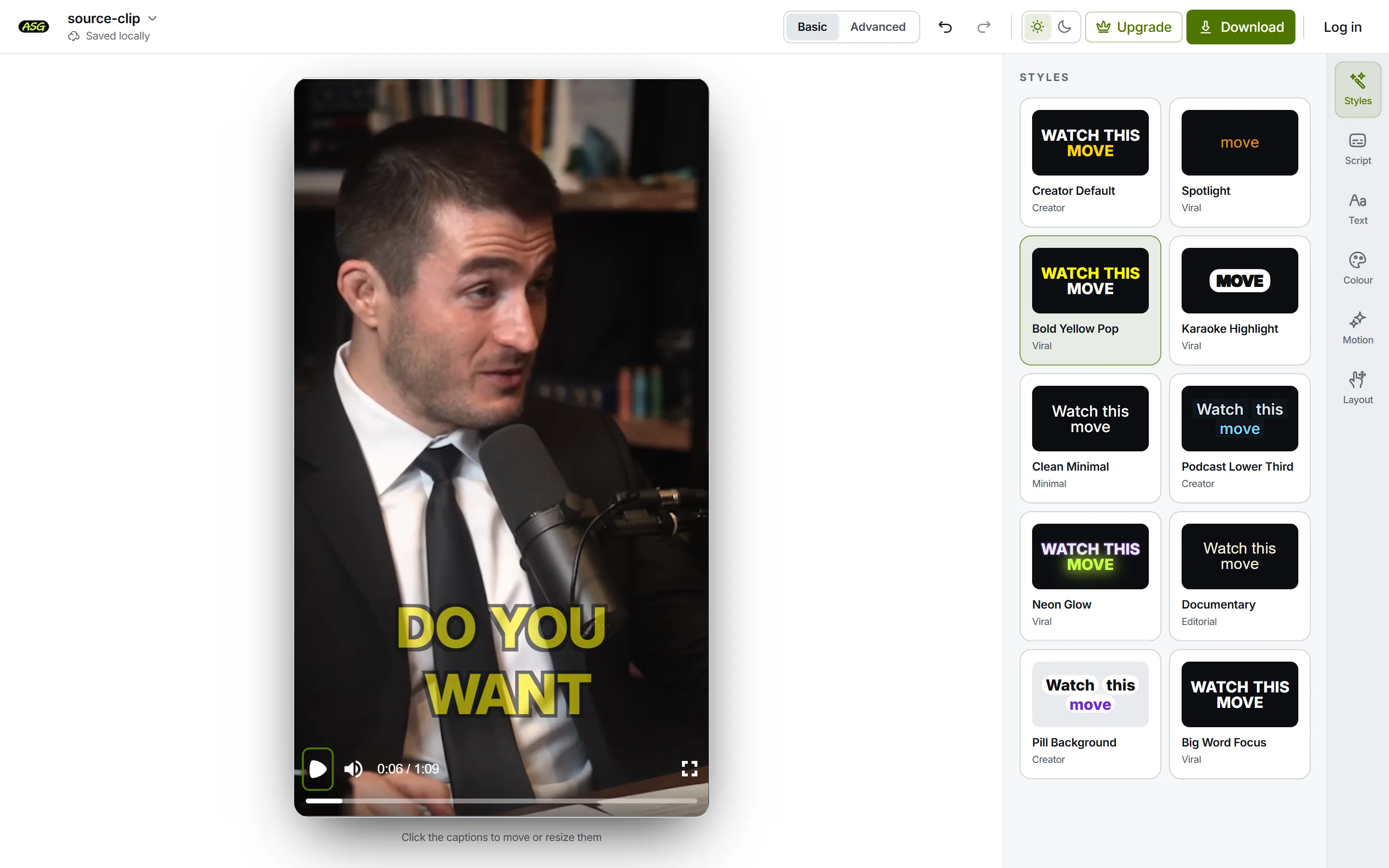 The Auto Subtitle Generator editor with a vertical podcast clip playing, a yellow active-word caption on the frame, and the caption style presets listed beside it