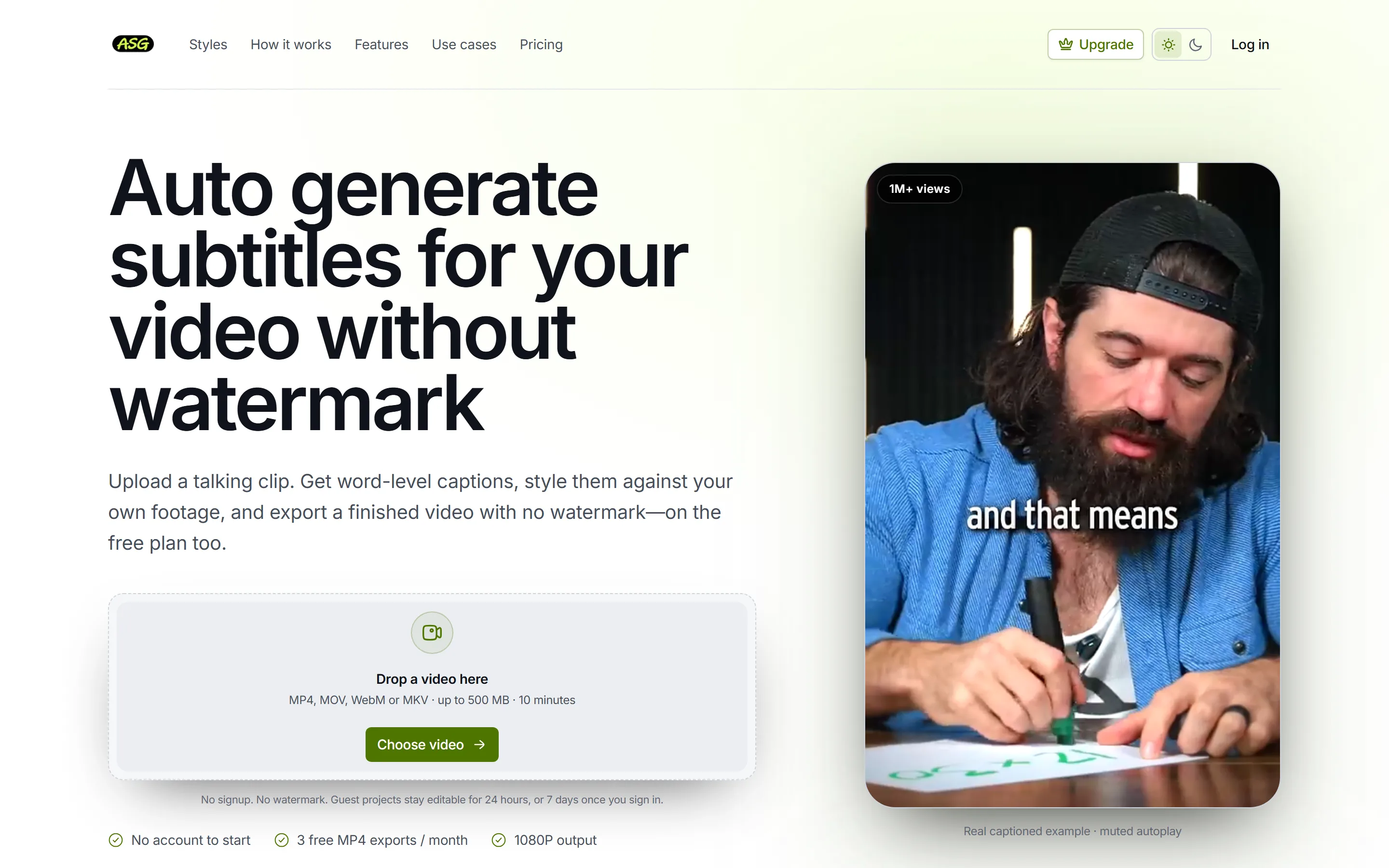The Auto Subtitle Generator home page, showing the video uploader alongside a vertical clip with captions on it