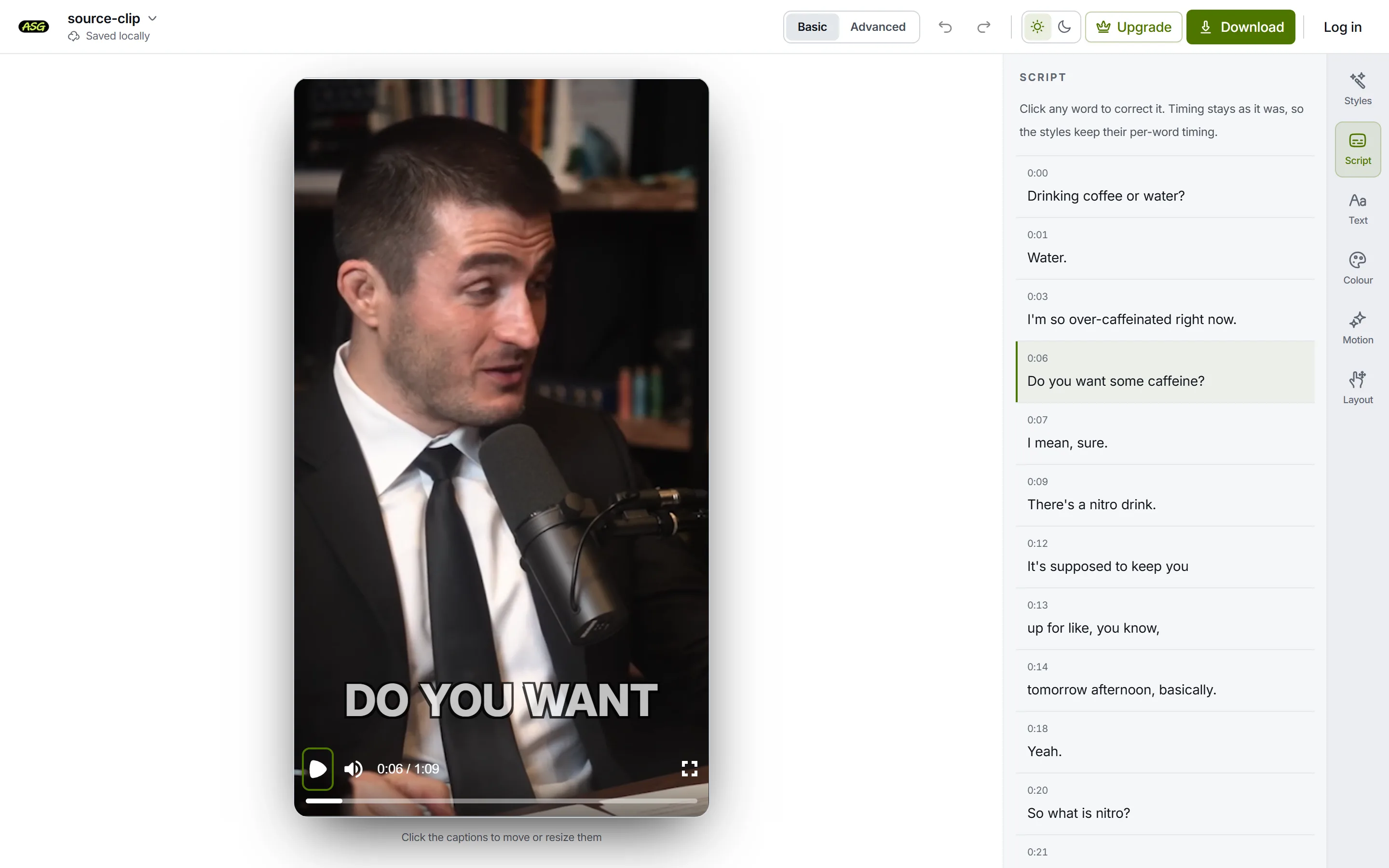 A subtitle editor showing the generated transcript as timestamped lines beside the video, with the line currently playing highlighted