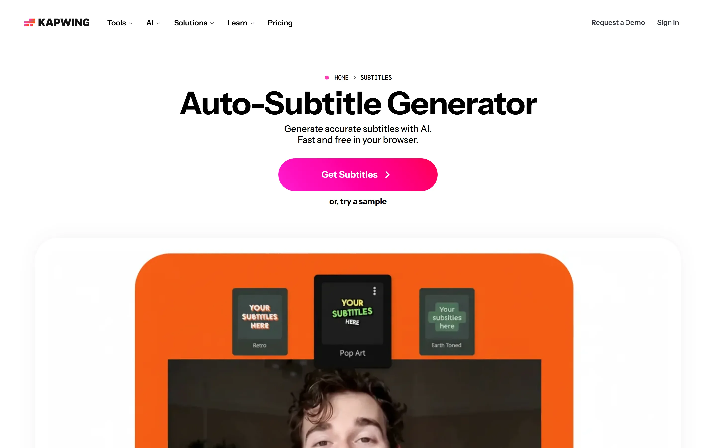 Kapwing's Auto-Subtitle Generator page, headlined Generate accurate subtitles with AI, with a Get Subtitles button