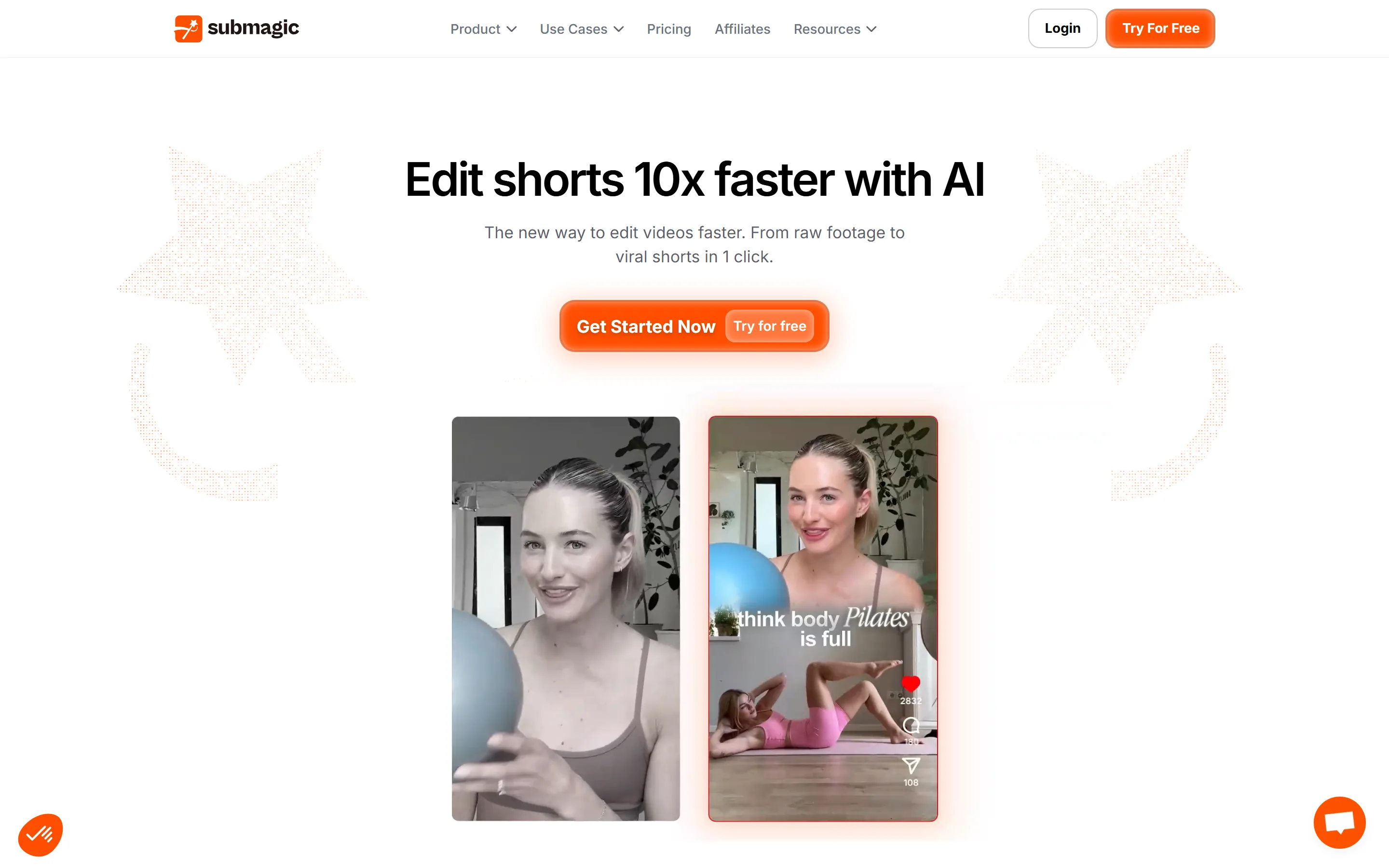Submagic's home page, headlined Edit shorts 10x faster with AI, showing vertical clips with animated captions