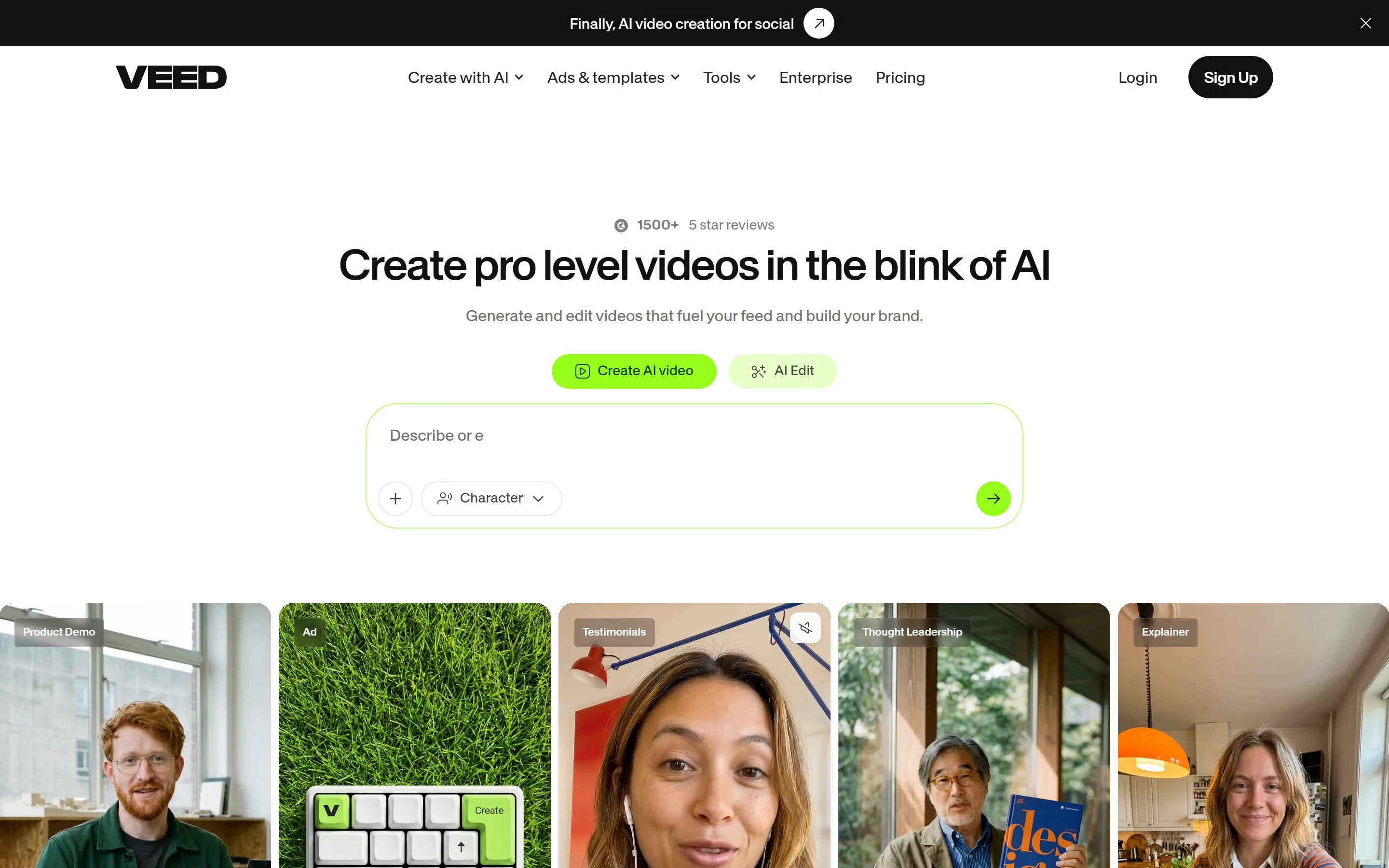 The VEED home page, headlined Create pro level videos in the blink of AI, with a prompt box and template thumbnails