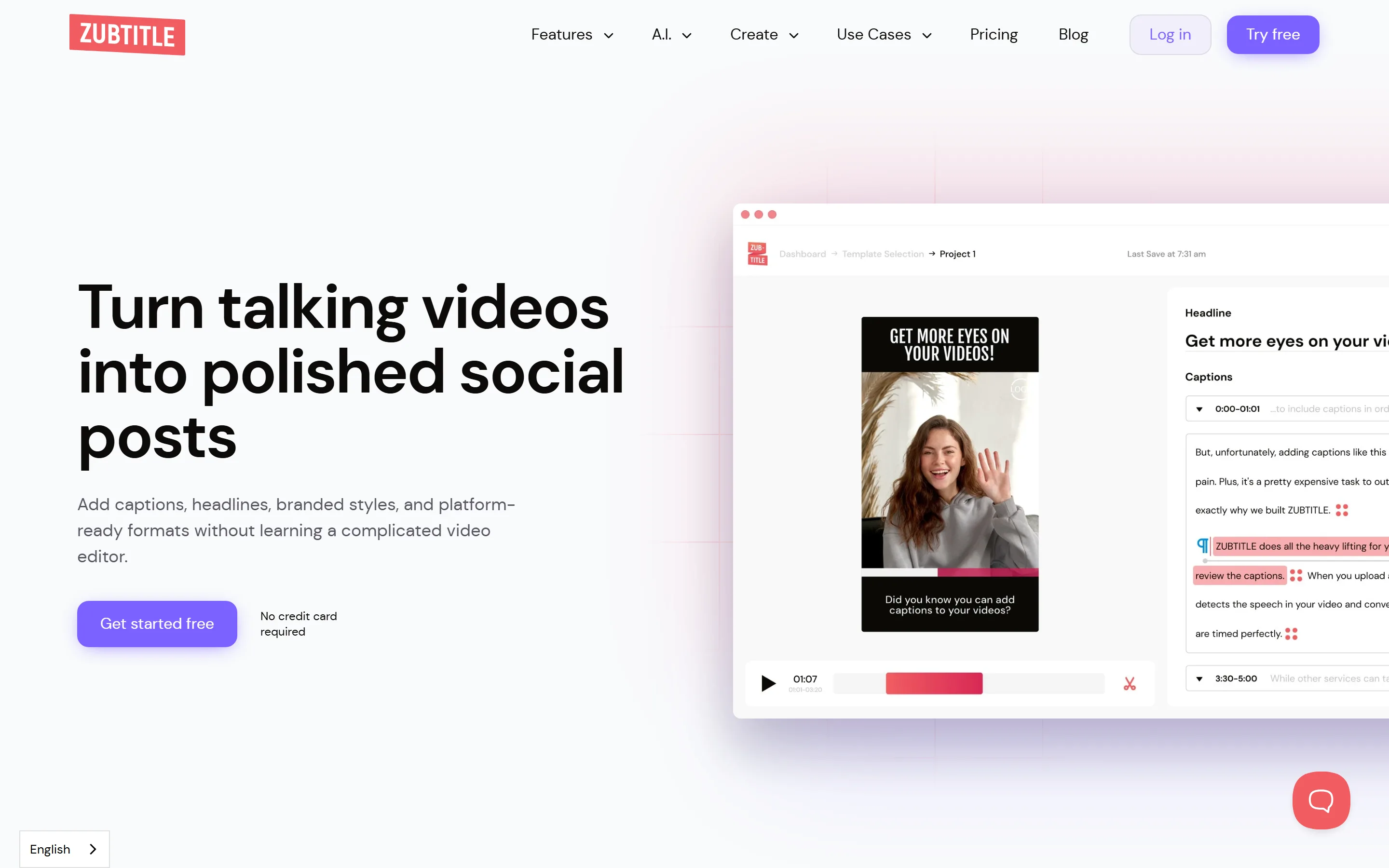 Zubtitle's home page, headlined Turn talking videos into polished social posts, beside a screenshot of its caption editor