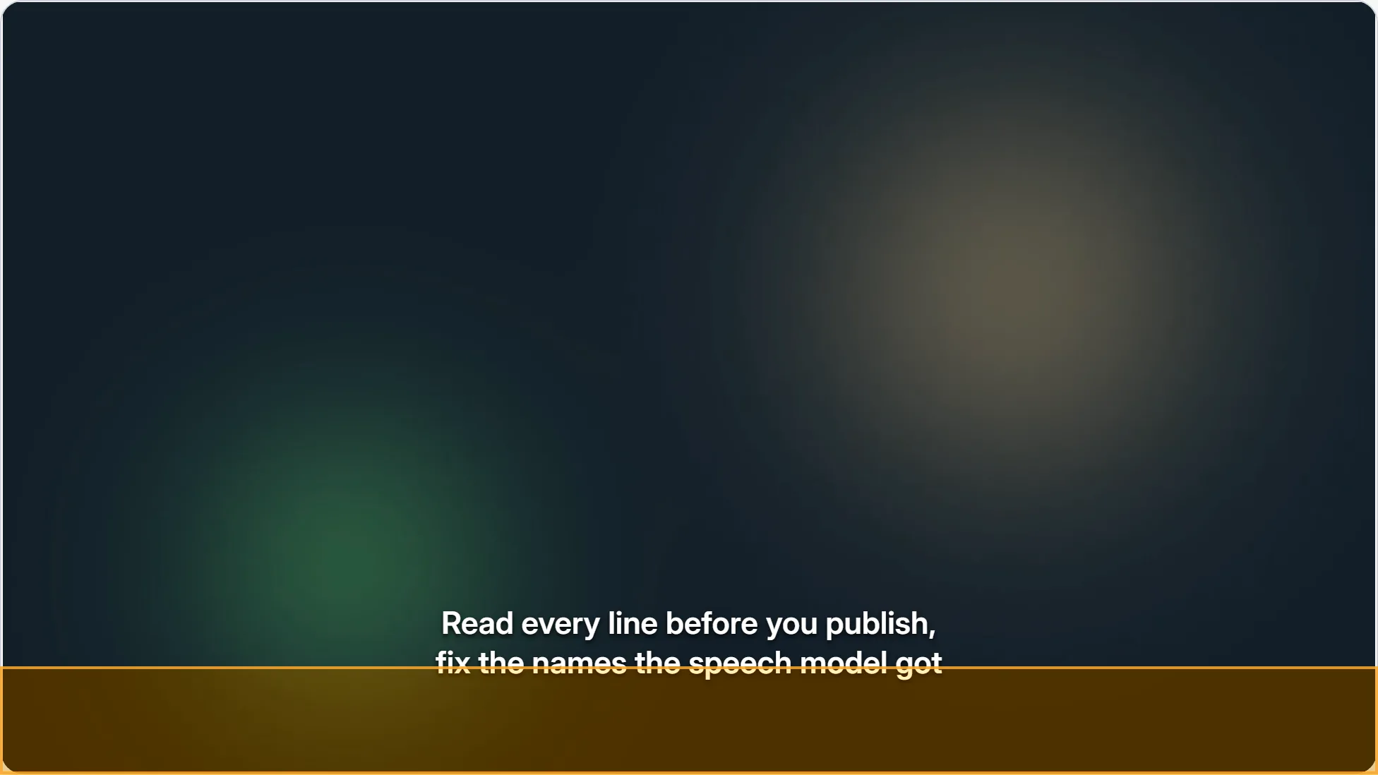 Landscape example clip with a two-line caption at the bottom edge, overlapping an amber illustrative strip across the bottom of the frame