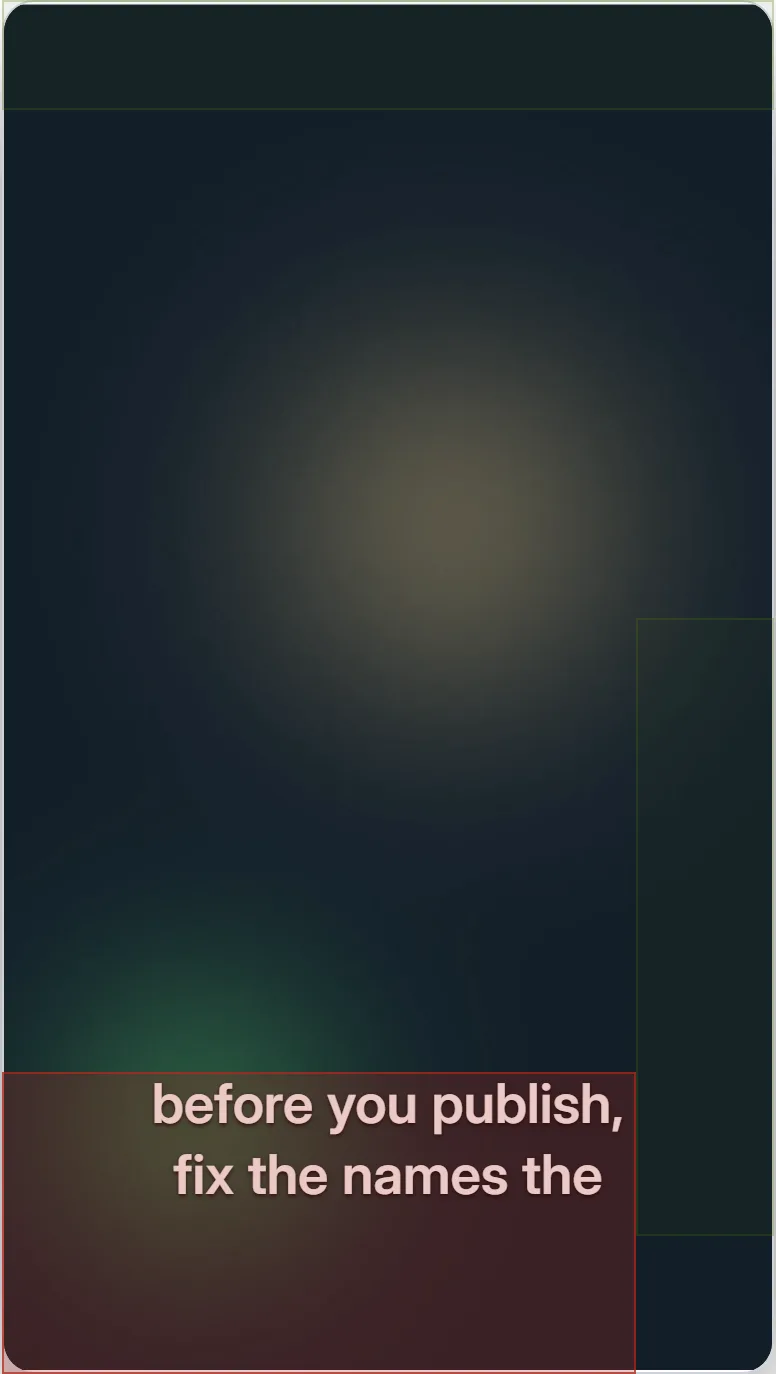 Vertical example clip in the editor with the TikTok overlay on; the caption sits in the bottom zone, which is highlighted red