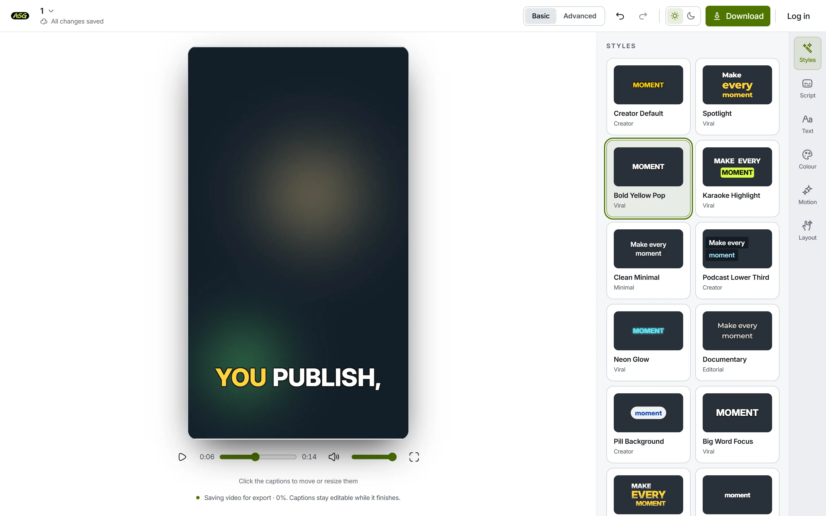 The Auto Subtitle Generator editor with a vertical example clip playing, a yellow active-word caption on the frame, and the caption style presets listed beside it