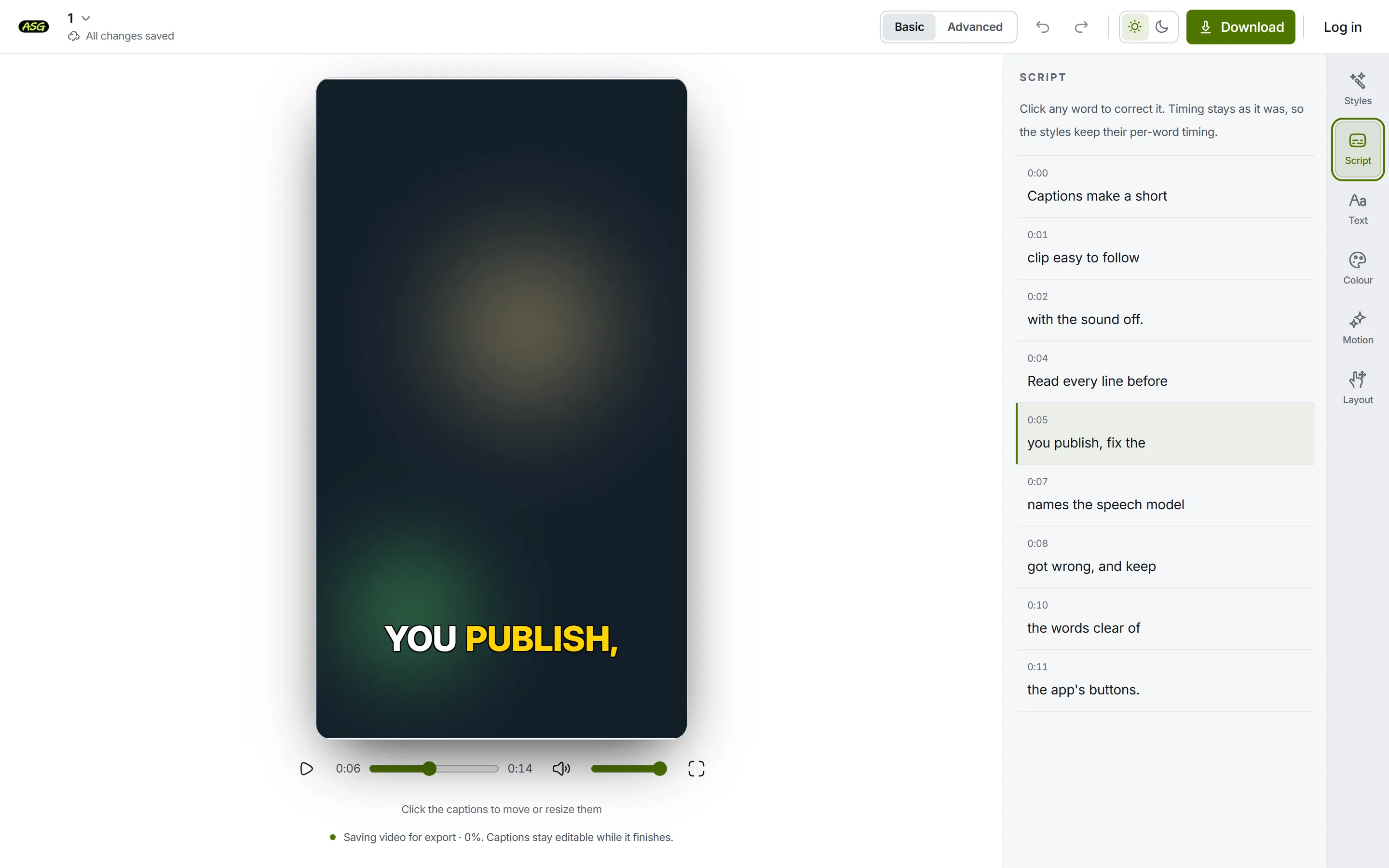 A subtitle editor showing the generated transcript as timestamped lines beside the video, with the line currently playing highlighted